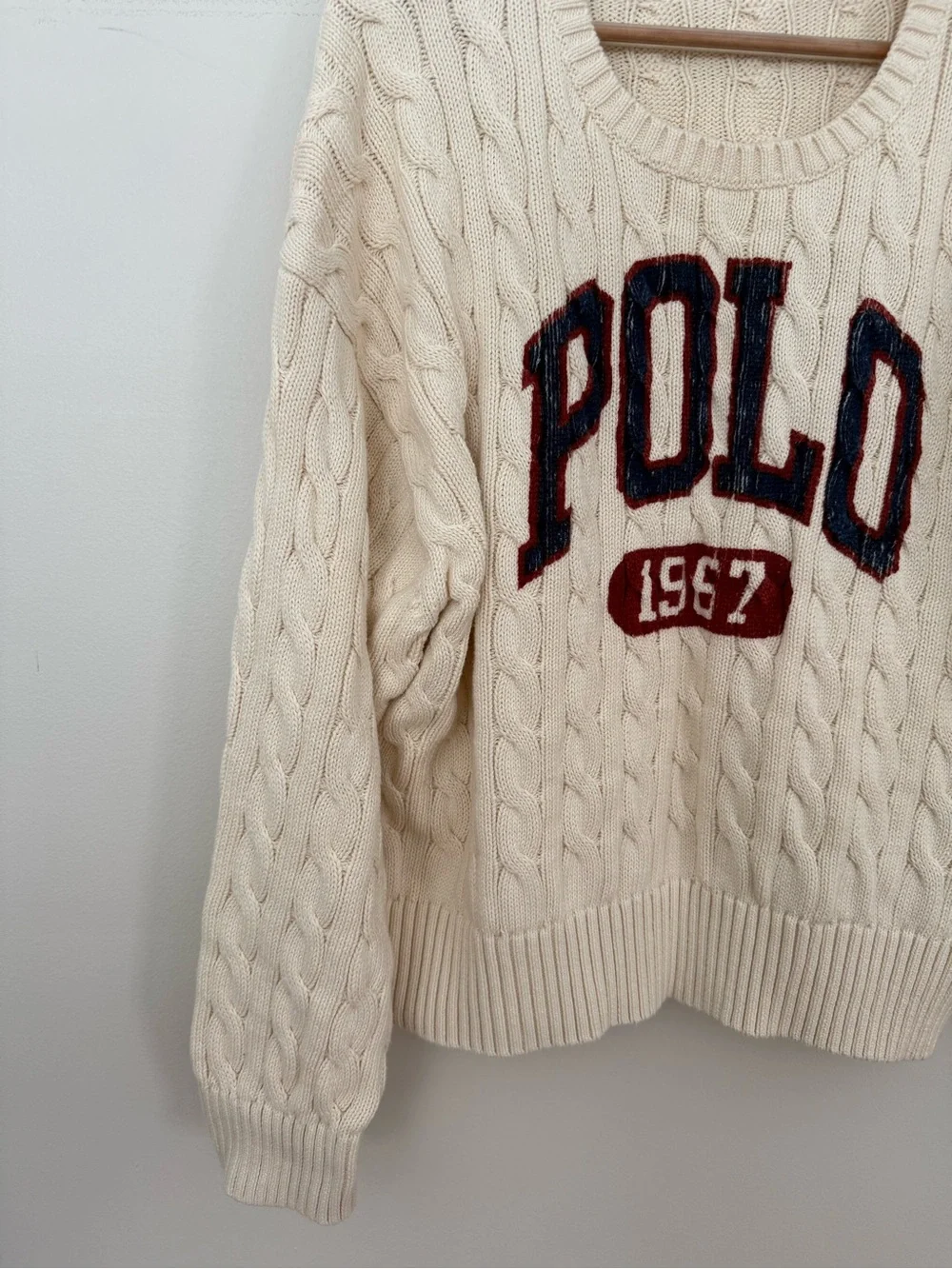 Polo Ralph Lauren Cable Knit Sweater Cream Cotton Size XXL 1967 Spellout Varsity